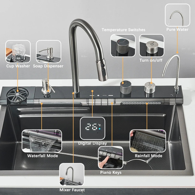 سینک ظرفشویی 7 کلید پیانوی توکار رنگ دودی سیتی مارکت مدل LE9092 LEYLE