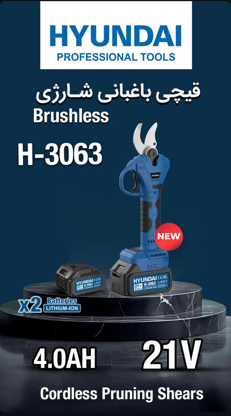 قیچی باغبانی شارژی قطر برش ۲۵ میلیمتر هیوندای 21 ولت براشلس مدل HP3063