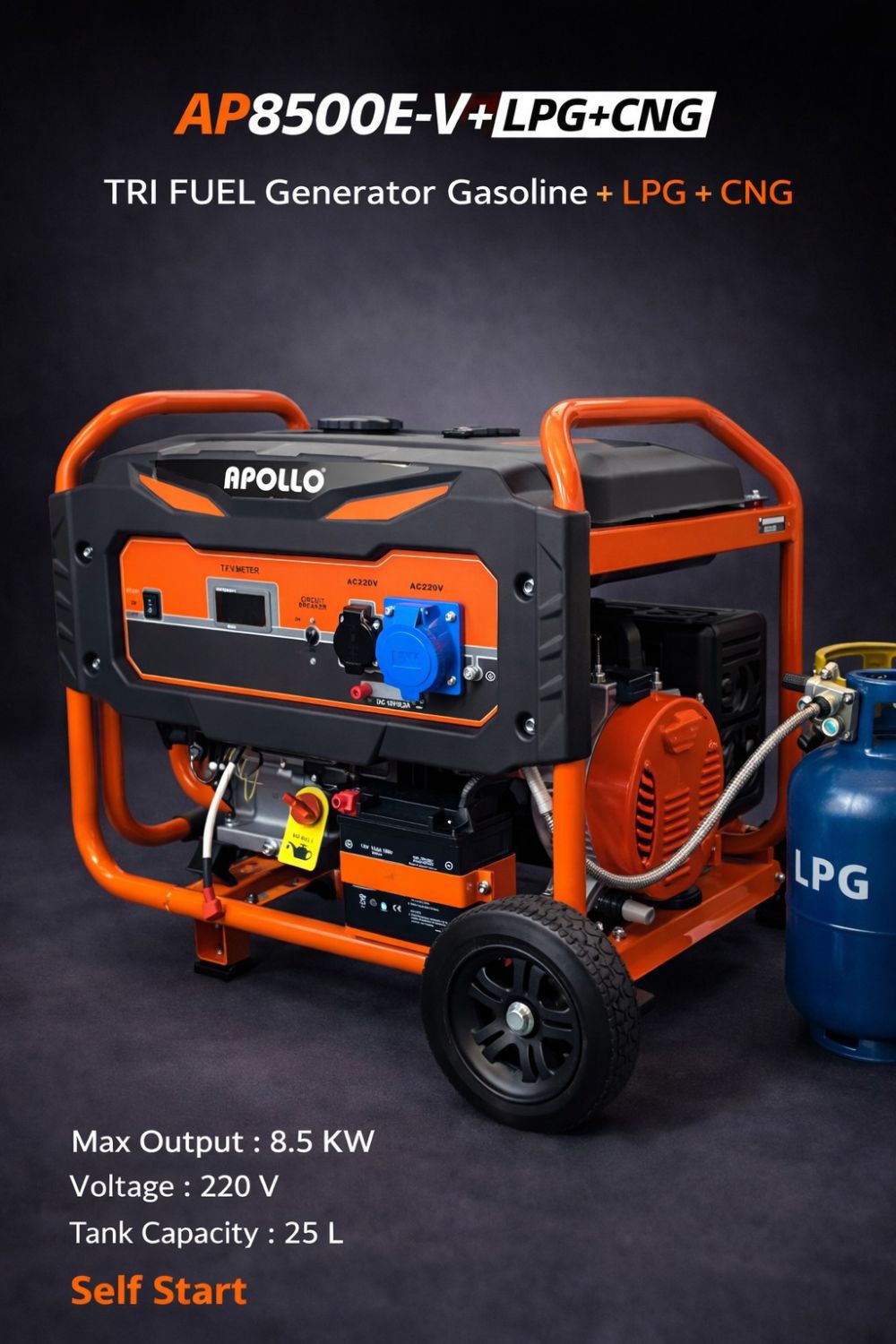 موتور برق 8.5 کیلووات سه گانه سوز استارتی APOLLO مدل RP8500E-V+LPG+CNG